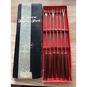 Vintage Retro Mid Century Modern Fondue Forks Set of Six Teak Wood Handles W Box
